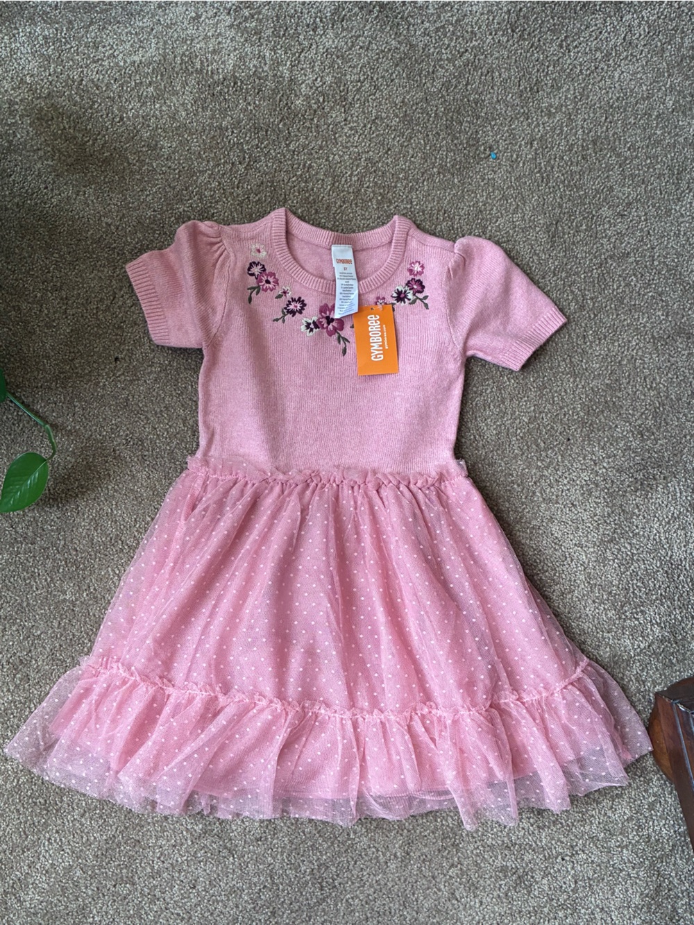Gymboree Pink Sparkle Tulle Dress with Floral Embroidery with tights 5T